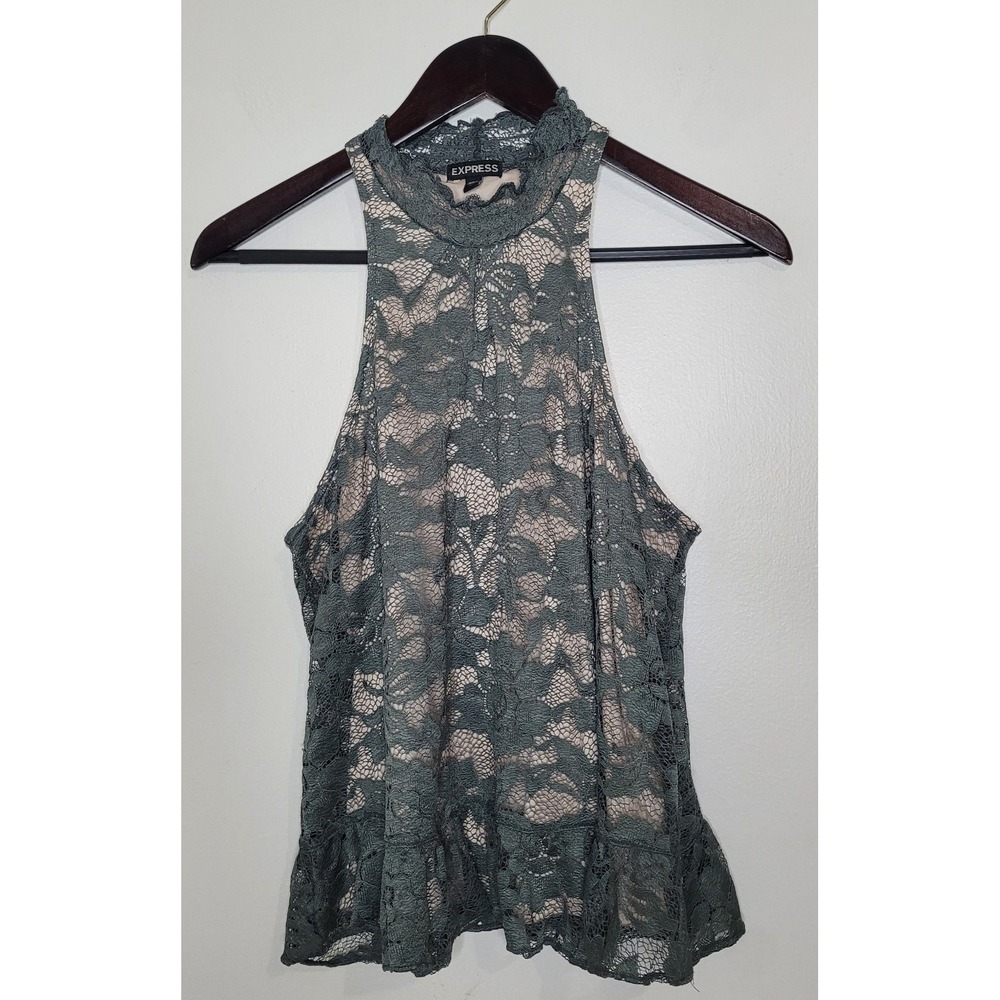 VTG Y2K Express Floral Lace Mock Neck Tank Whimsigoth Fairy Romantic Small Green - Picture 2 of 6